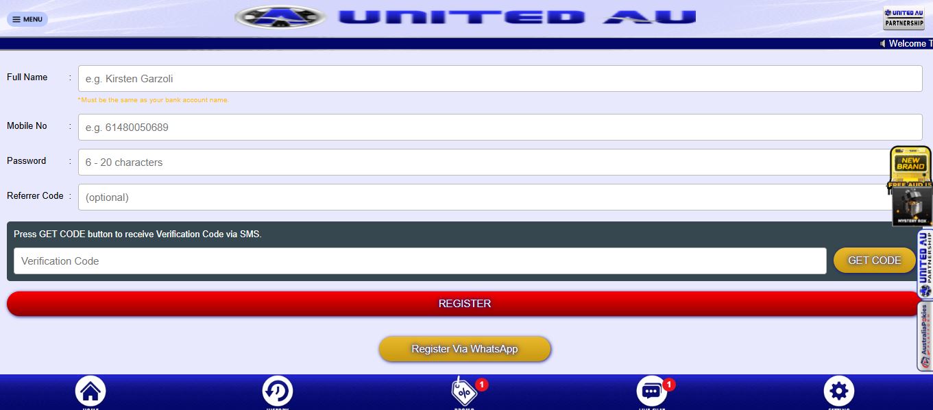 Register new account via SMS or WhatsApp verification